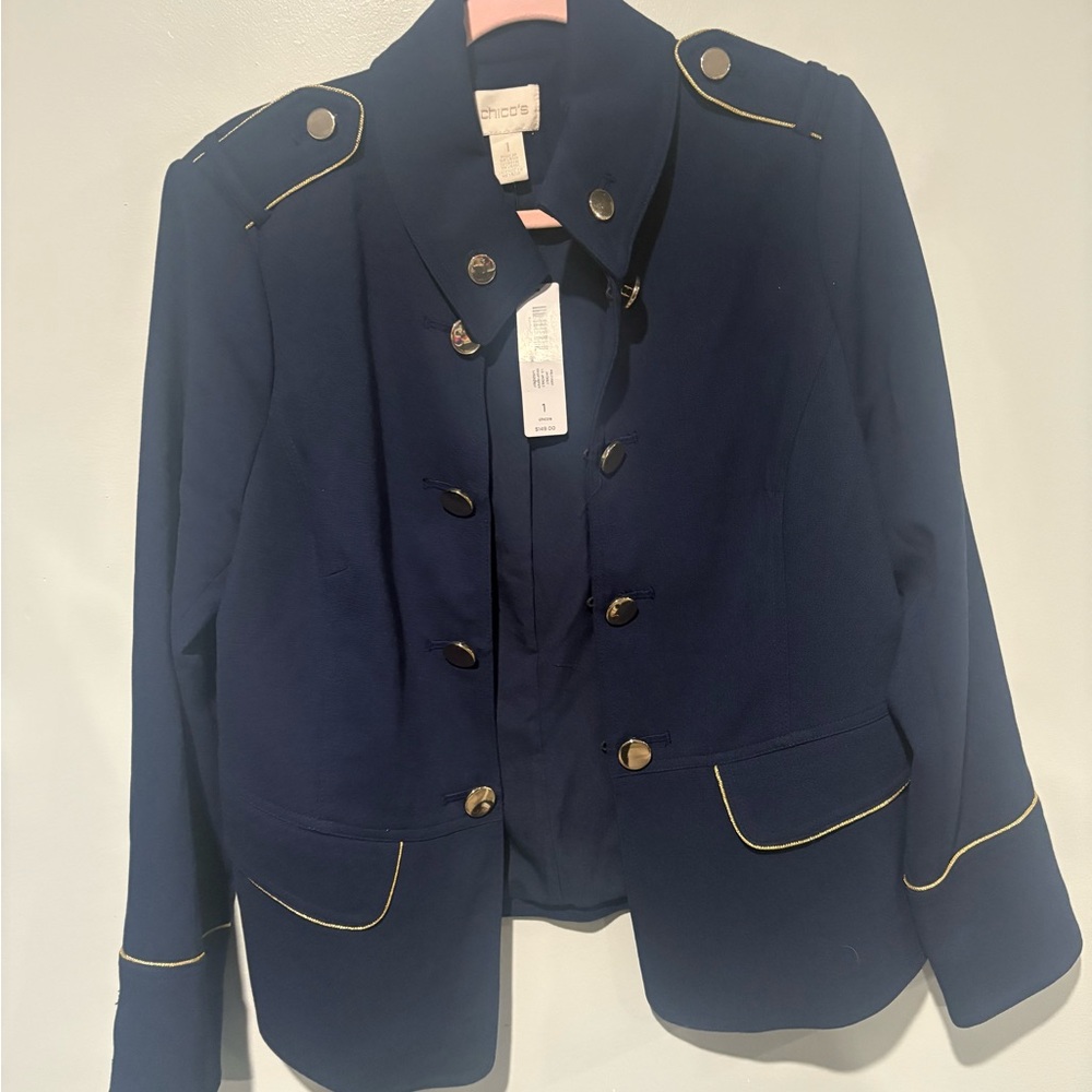 Chico's Dark Blue Blazer with Gold Trim